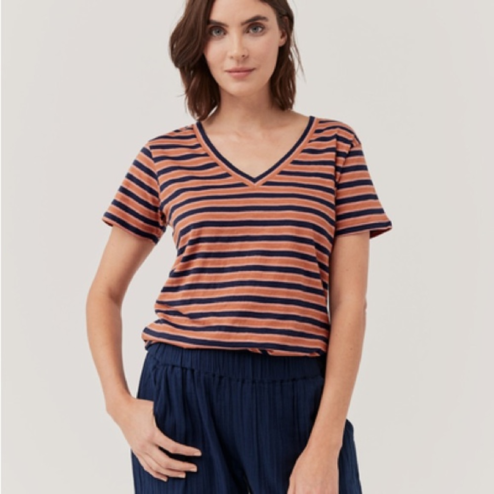 Pact, Women’s Harvest Stripe Easy Slub V-Neck Tee, XXL